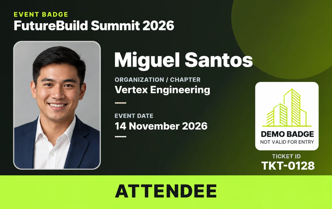 Sample RegisTrack event badge with attendee photo, organization, event date, ticket ID and category band