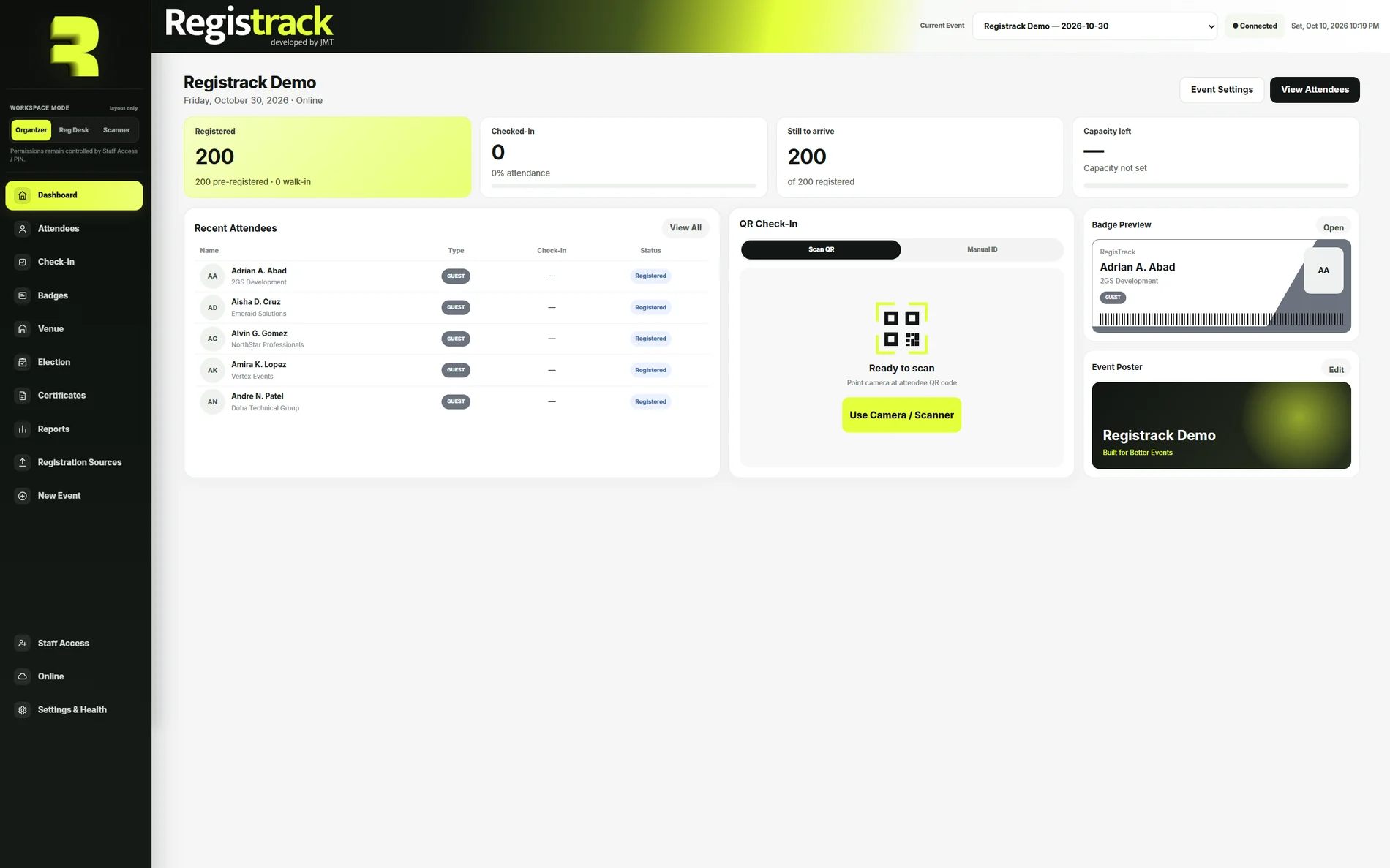 RegisTrack dashboard on a MacBook showing live registration counts, recent attendees, QR check-in and badge preview