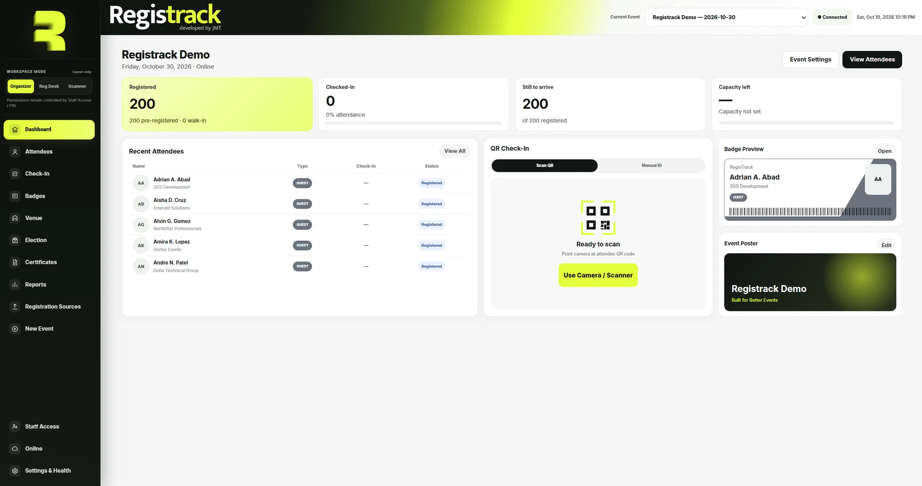 RegisTrack dashboard showing live registration counts, recent attendees, QR check-in and badge preview
